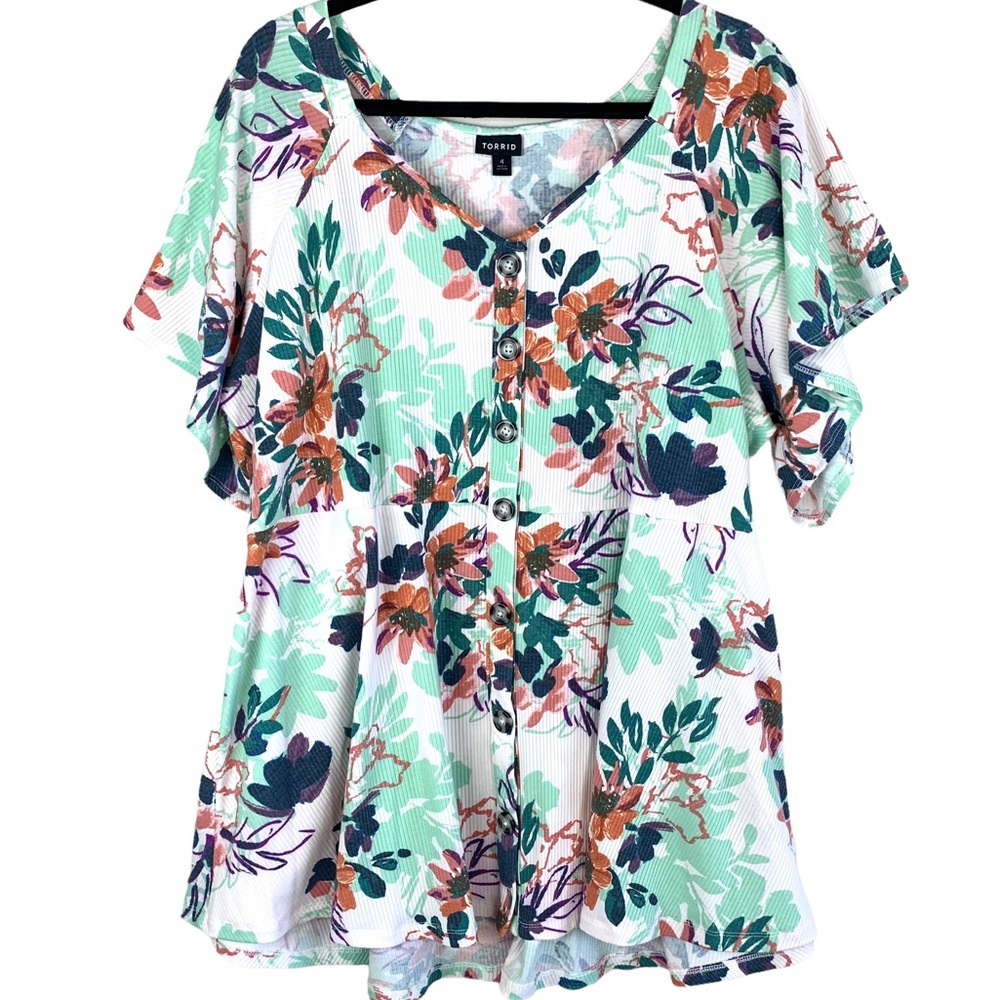 Torrid Button Front Peplum Top Floral White Tropical Print Shirt 4X